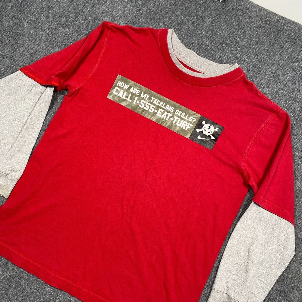 Nike Red Long Sleeve Shirt How's My Tackling Skills Eat Turf Football Skull XL